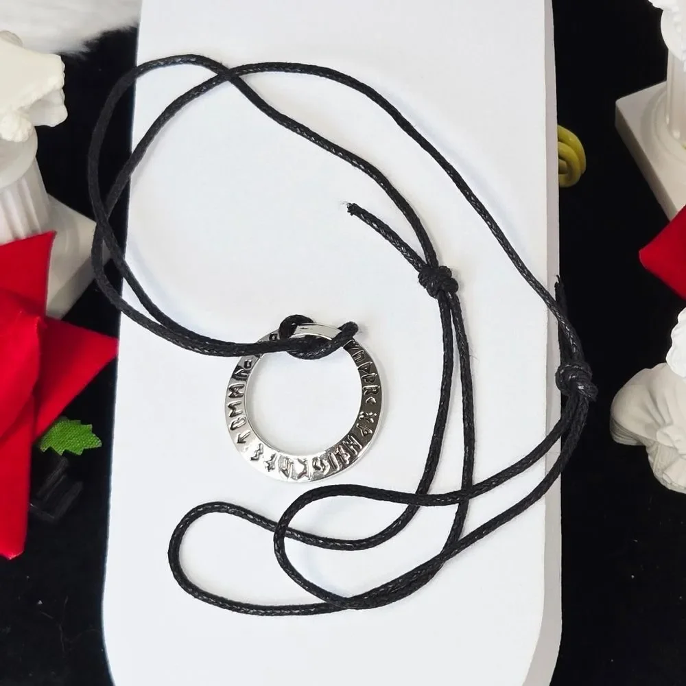 Rune Wheel Necklace Norse Moon Pendant Silver Ring Adjustable Cord Odin Viking